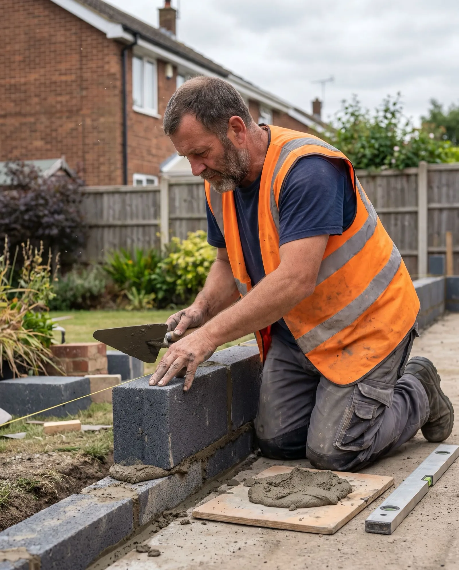 A builder laying concrete blocks along a string line