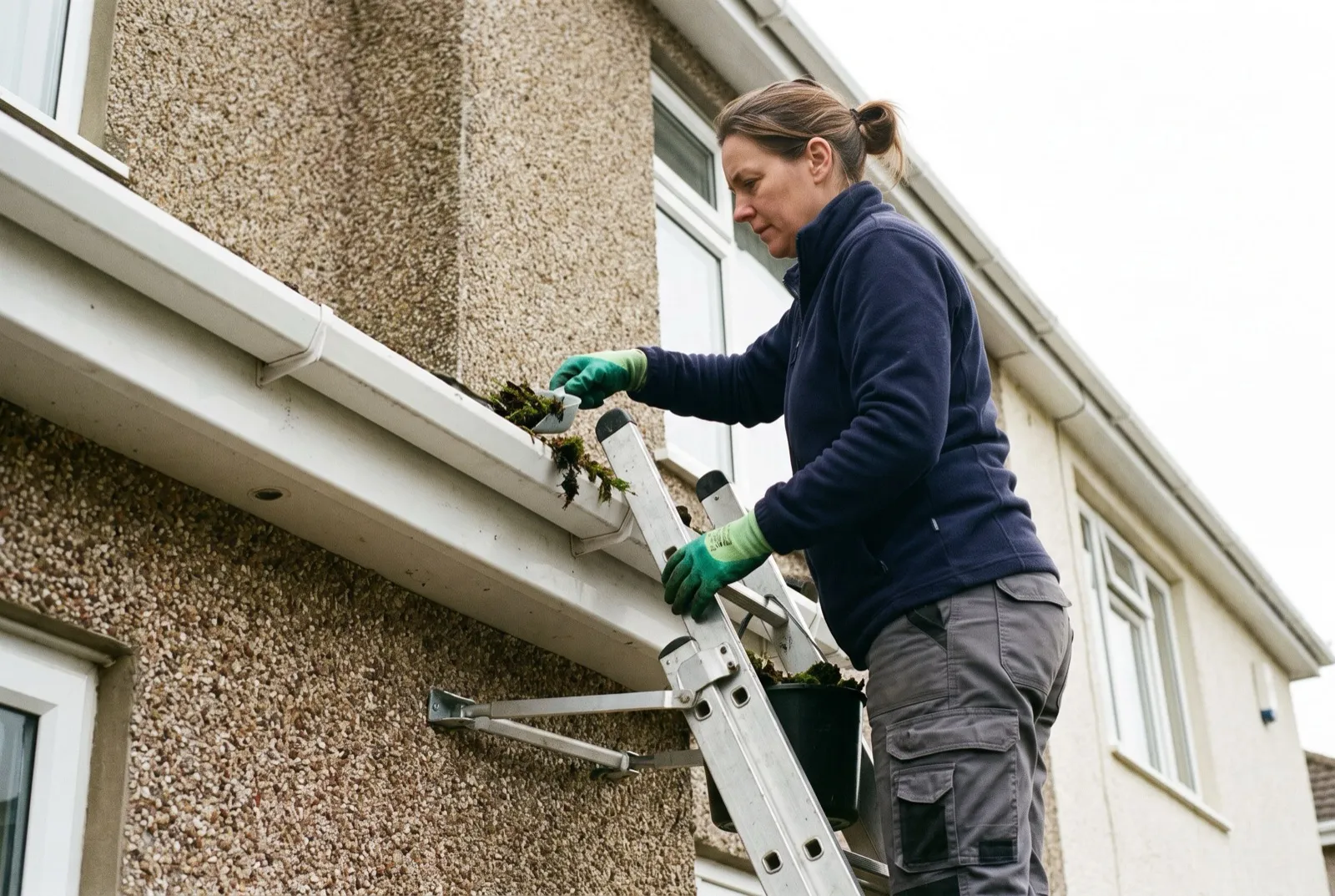 A gutter clearer on a ladder scooping moss from a gutter
