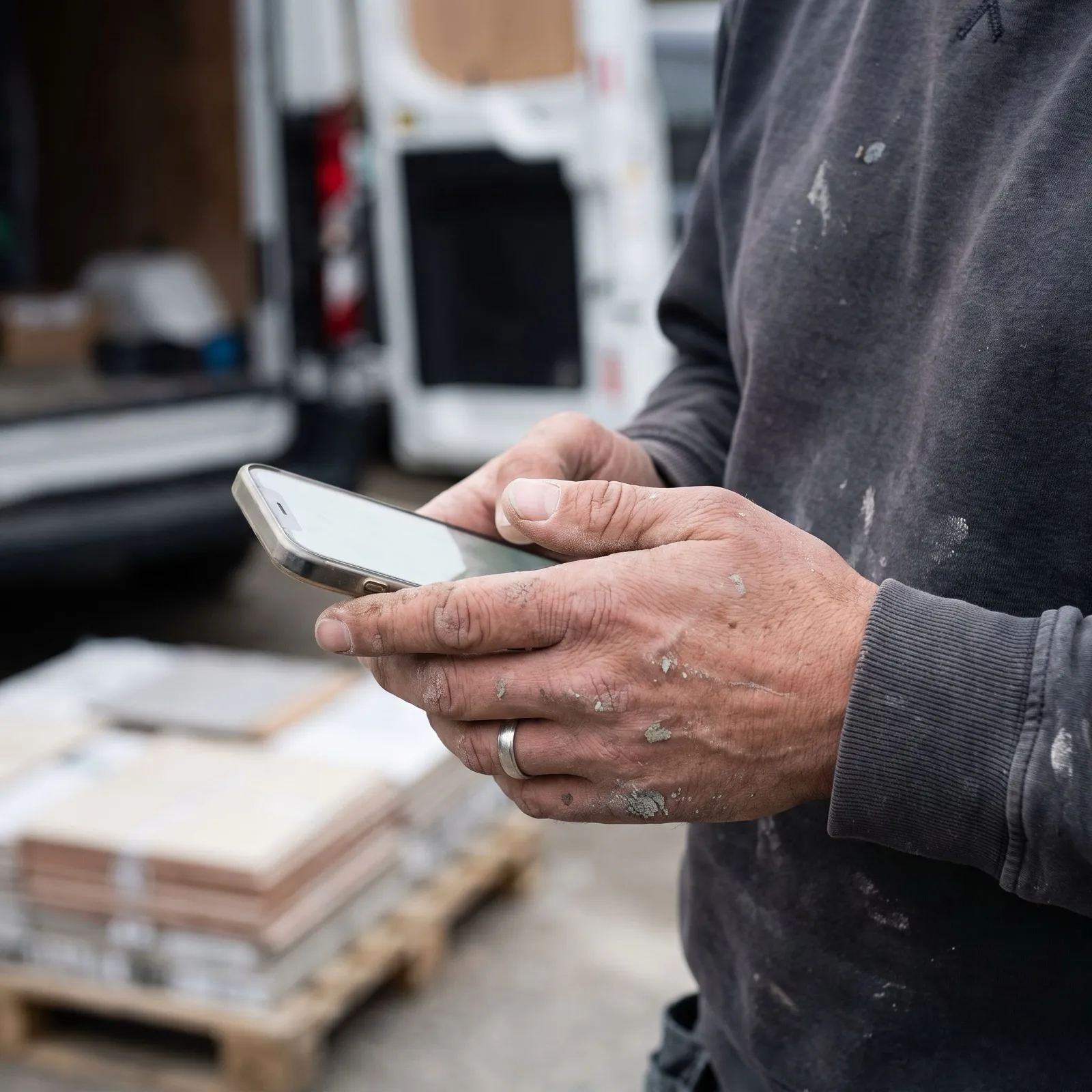 A tradesperson's dusty hands holding a phone