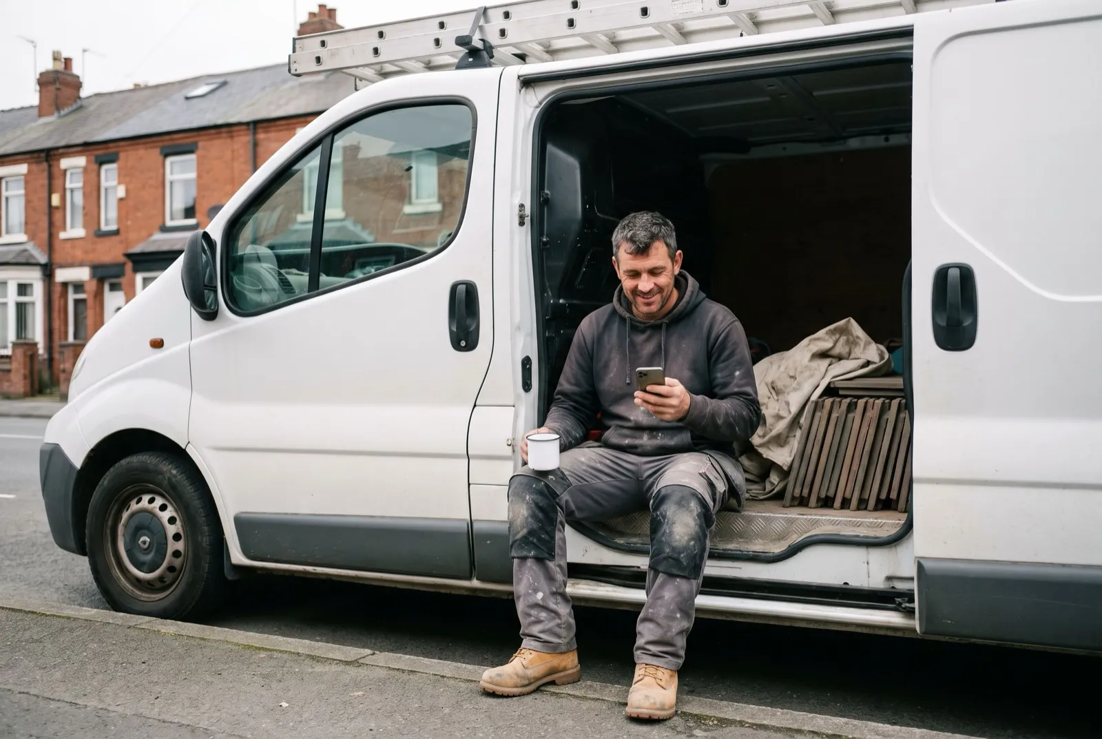 A roofer on a break, sitting in the doorway of his van
