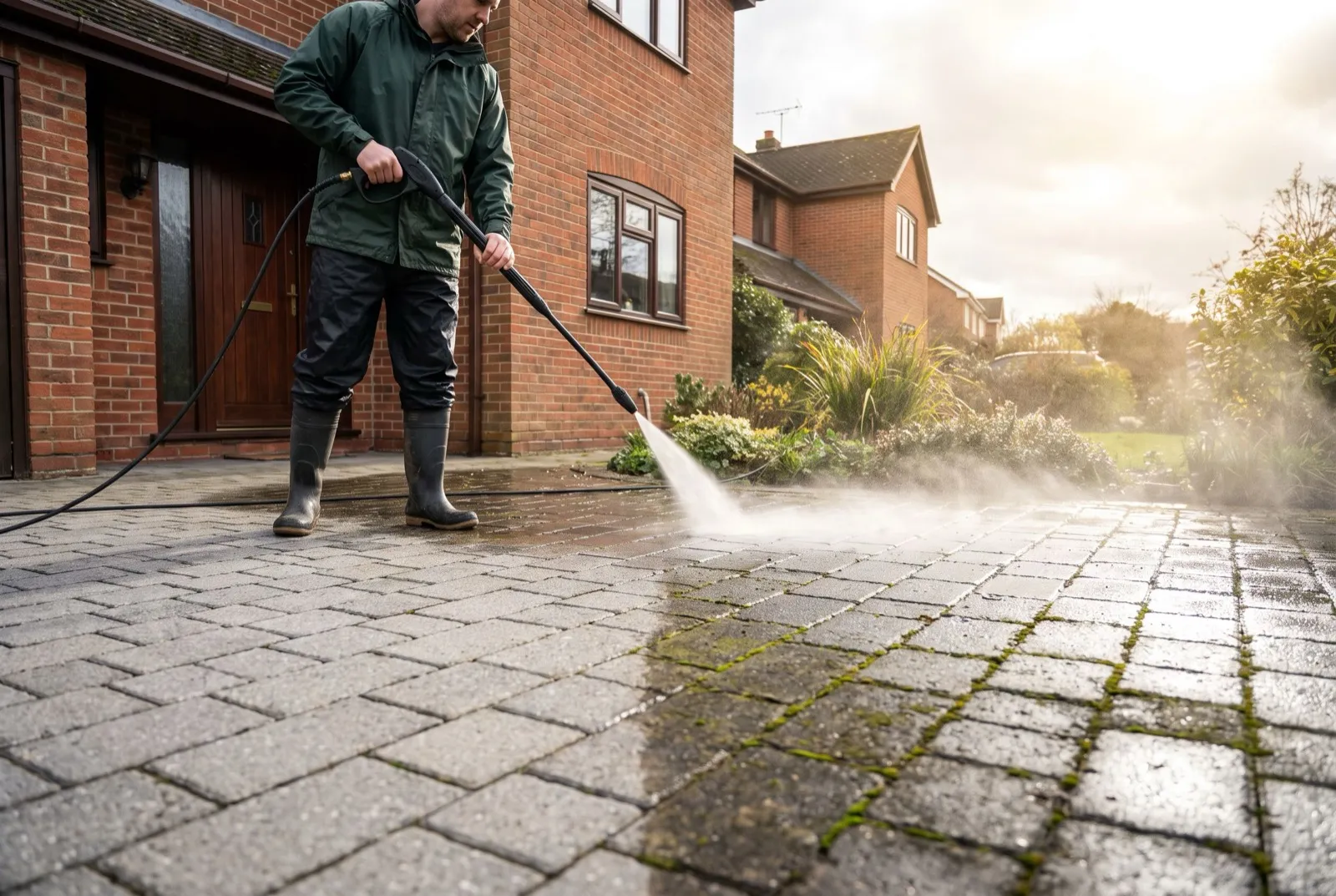 An exterior cleaner pressure-washing a block-paved driveway