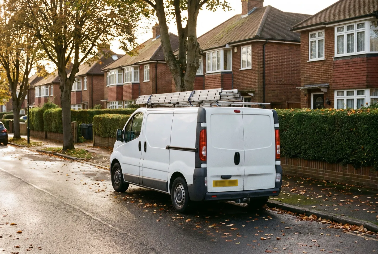 A tidy white van parked on a residential street