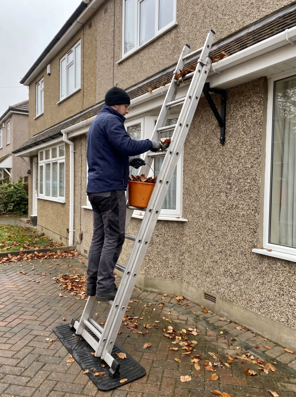A gutter cleaner on a footed ladder scooping leaves from a house gutter