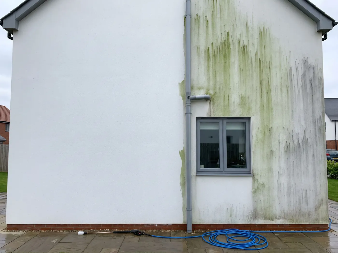 Render wall half cleaned