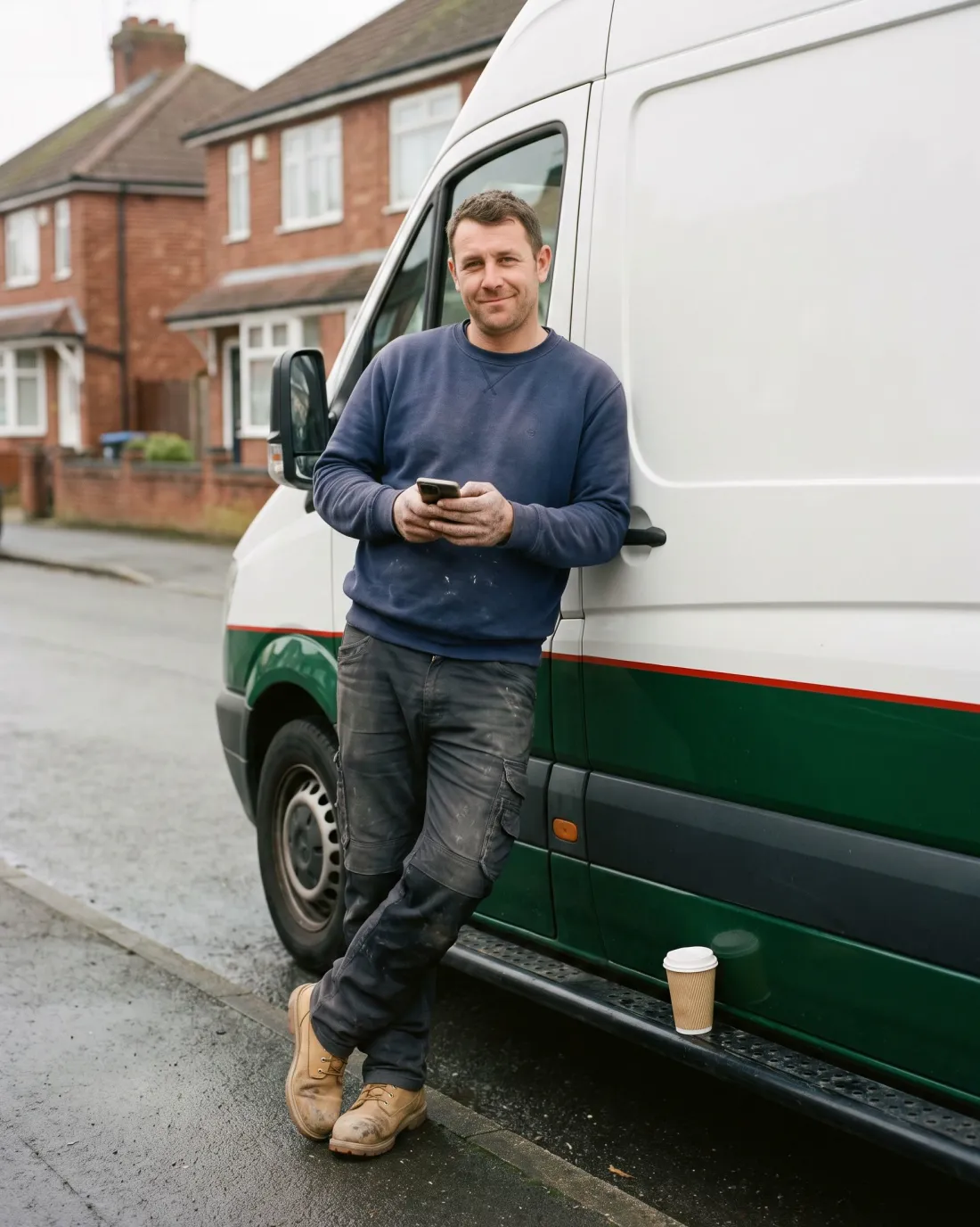 A roofer on a tea break by his van