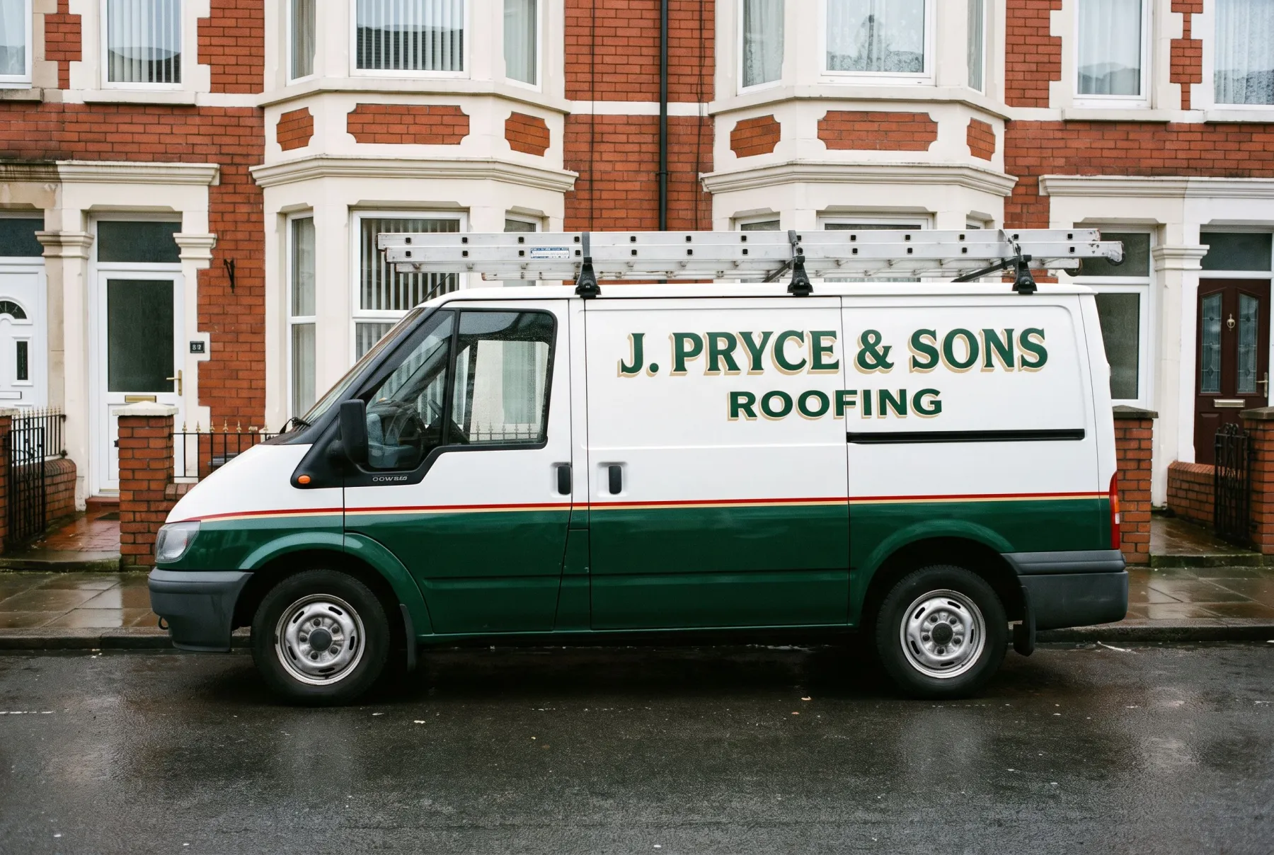 A signwritten roofer's van on a Victorian terraced street